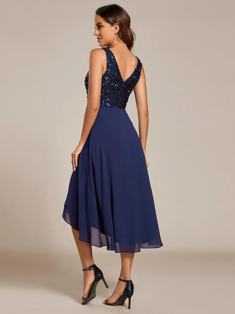 Elegant A-Line Empire Waist Midi Length Chiffon Sequin Dresses Sleeveless Evening Dress