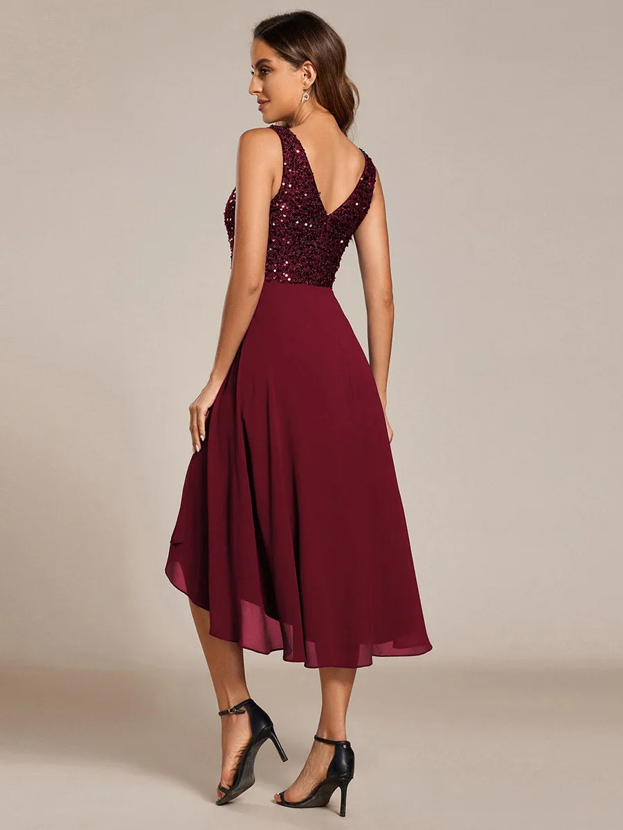 Elegant A-Line Empire Waist Midi Length Chiffon Sequin Dresses Sleeveless Evening Dress