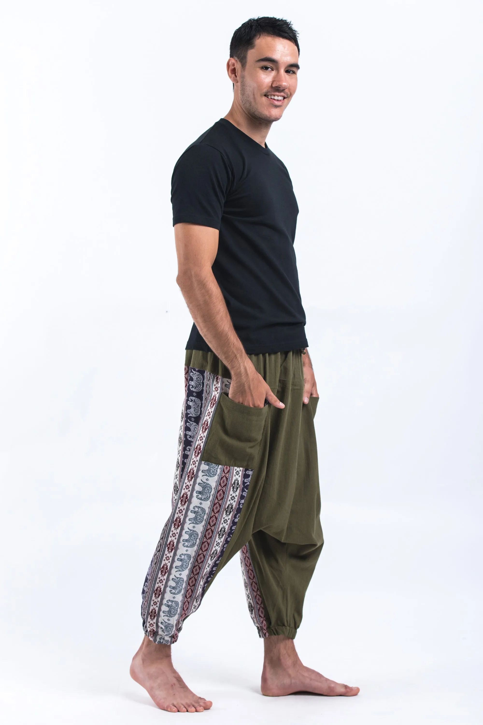 Elephant Aztec Cotton Men's Harem Pants in Green