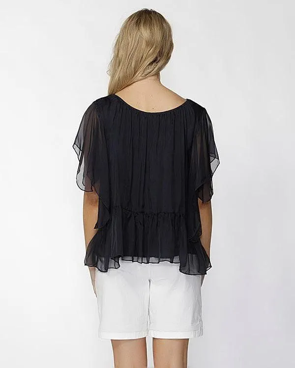 Fate   Becker Este Ruffled Sheer Silk Blouse in Navy