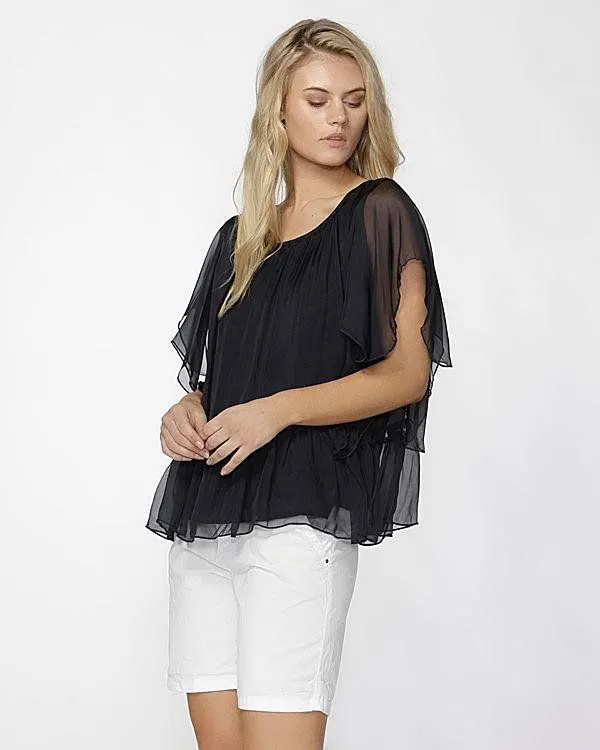 Fate   Becker Este Ruffled Sheer Silk Blouse in Navy