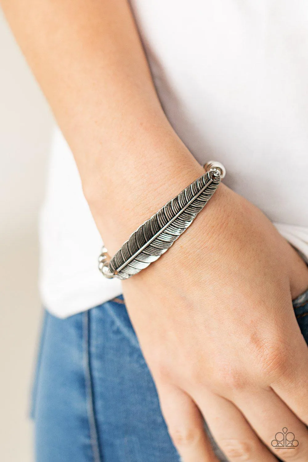 Featherlight Fashion Silver Feather Bracelet - Paparazzi Accessories