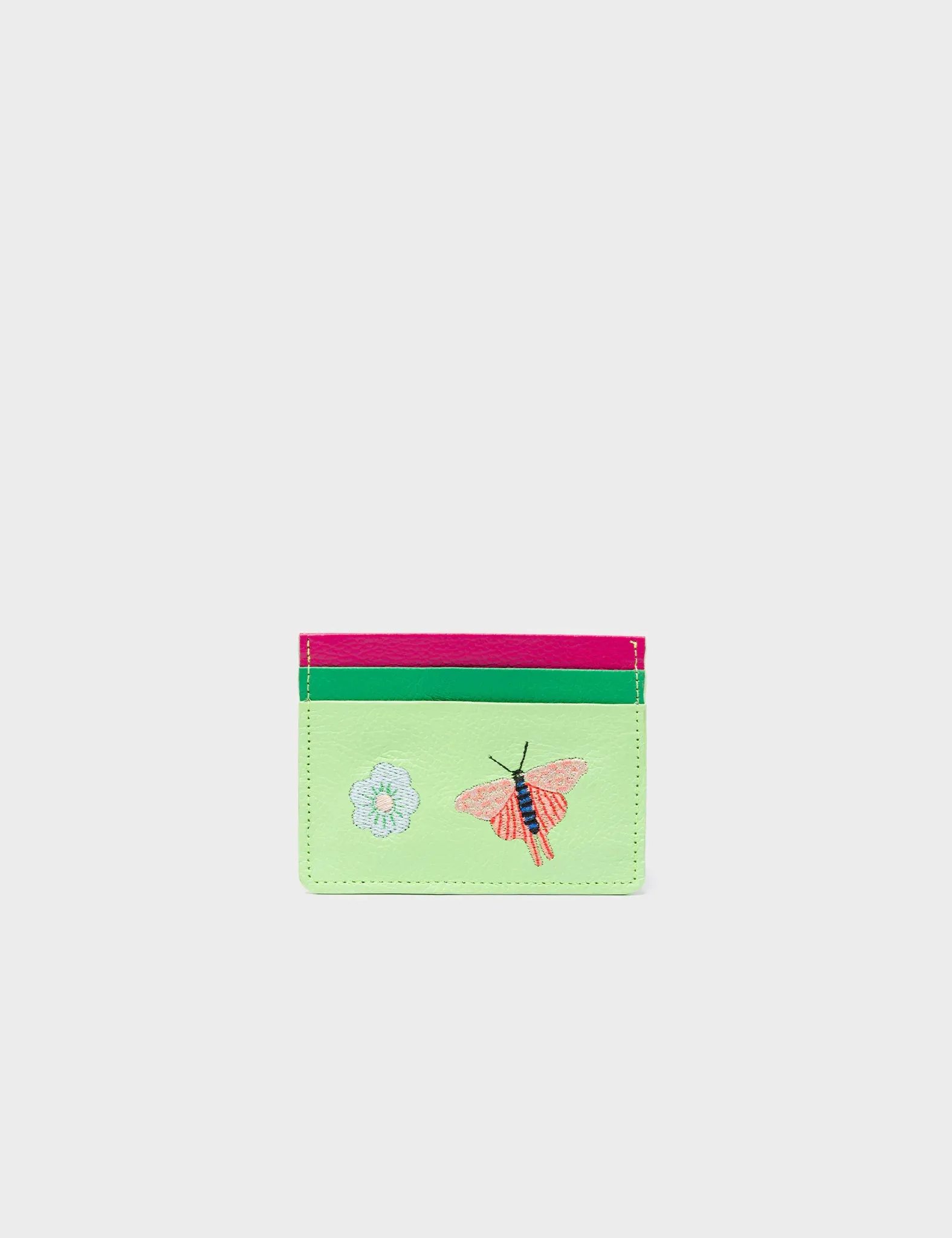 Filium Paradise Green And Mint Green Leather Cardholder -  Butterfly and Flower Embroidery