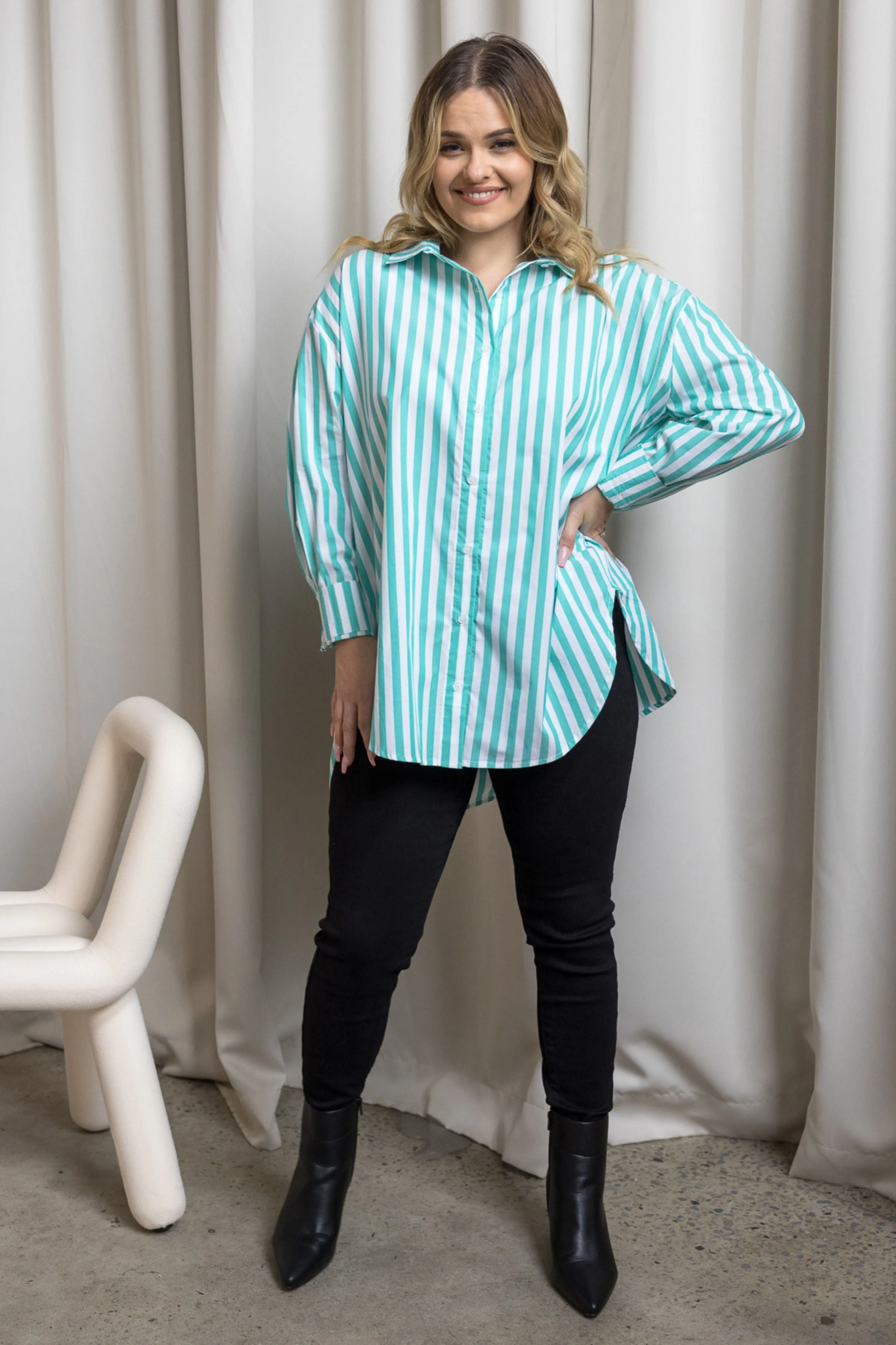 FINAL SALE Amore Shirt in Green/White Stripe