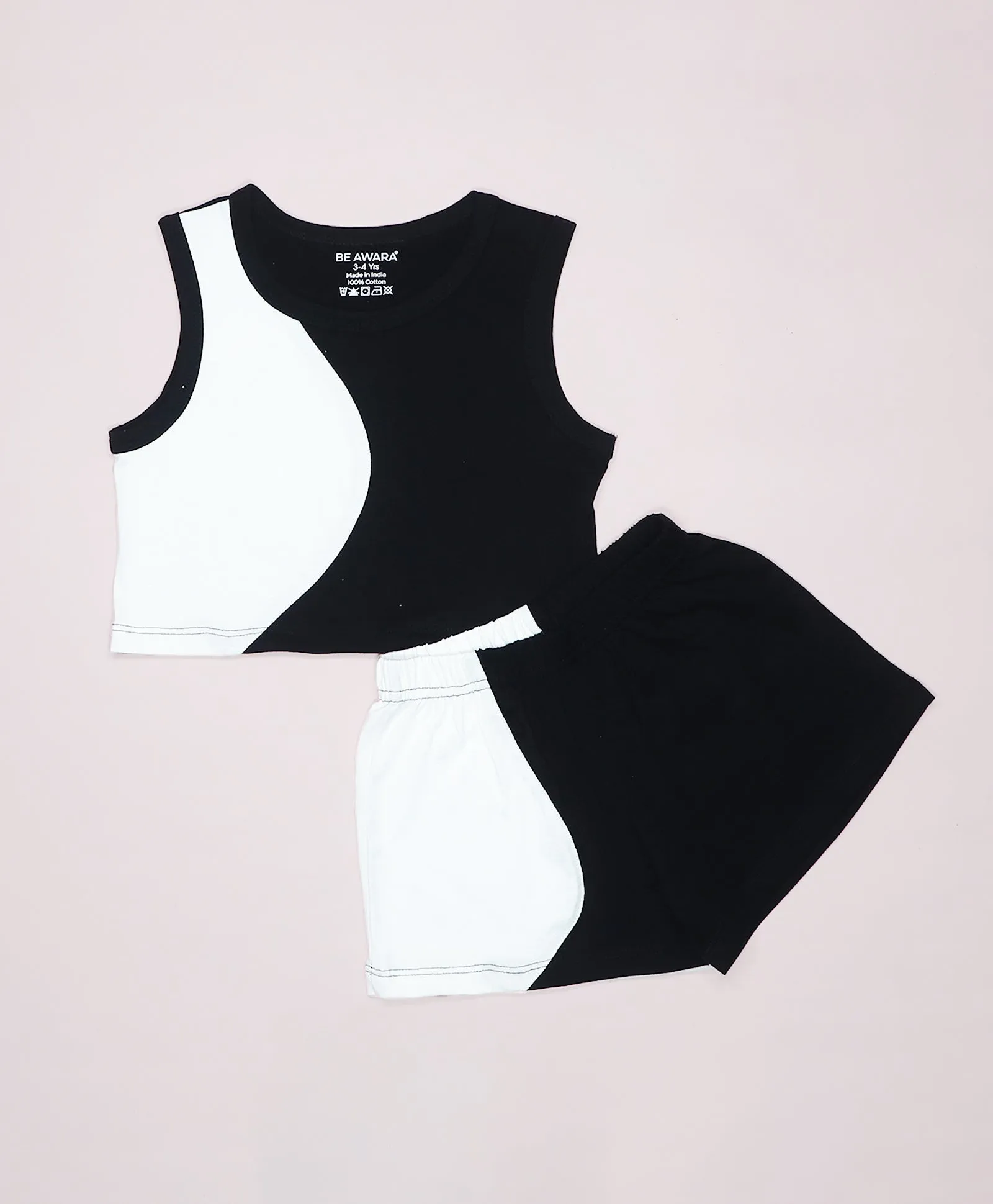 Girls Black & White Color Block Tank Top and Shorts Set