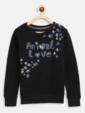 Girls Black Printed Cotton Sweatshirt