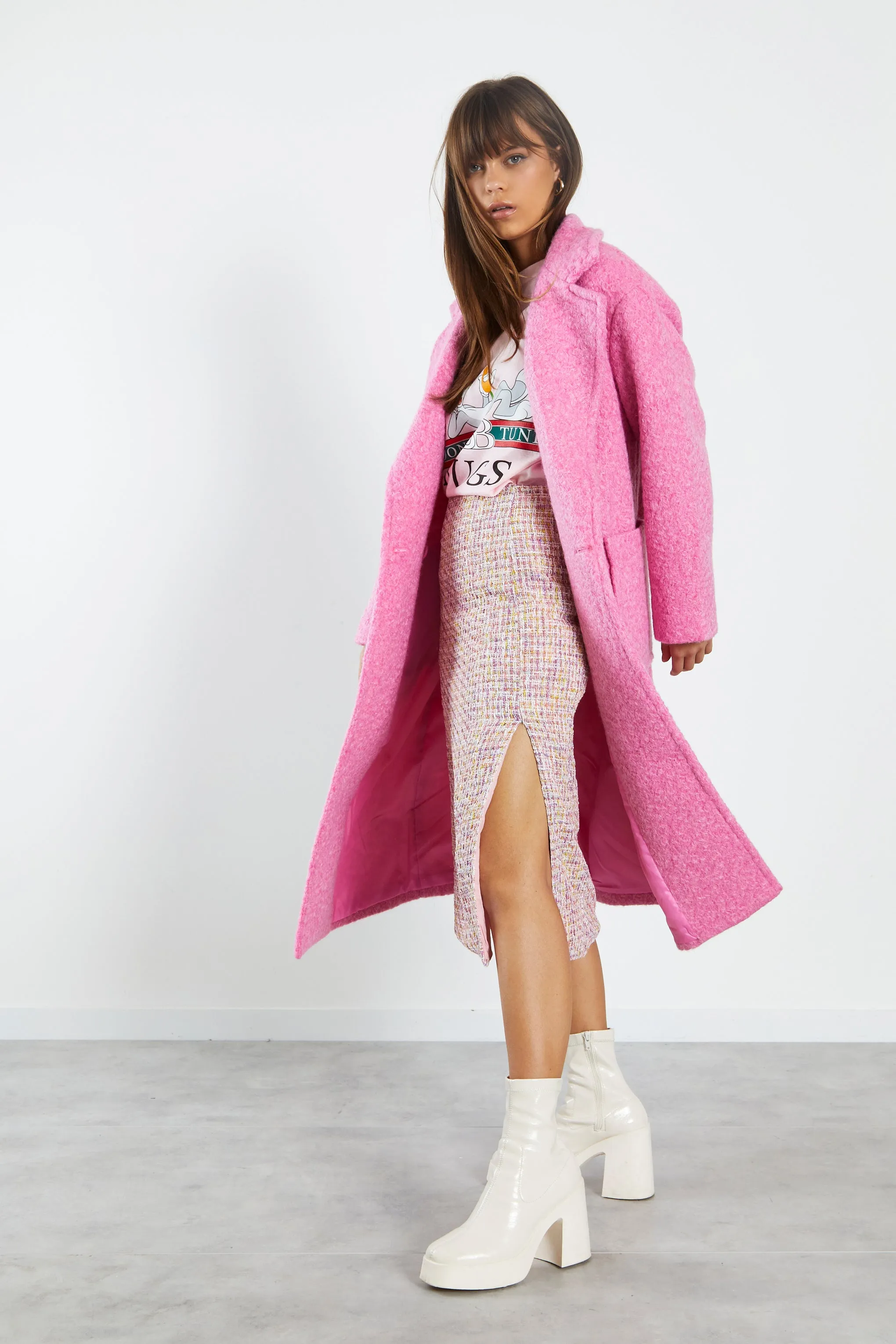 Glamorous Bright Pink Marl Midi Coat with Lapel Collar