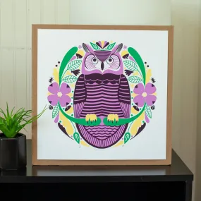 great horned owl art print, purple owl art print, hootie hoo print