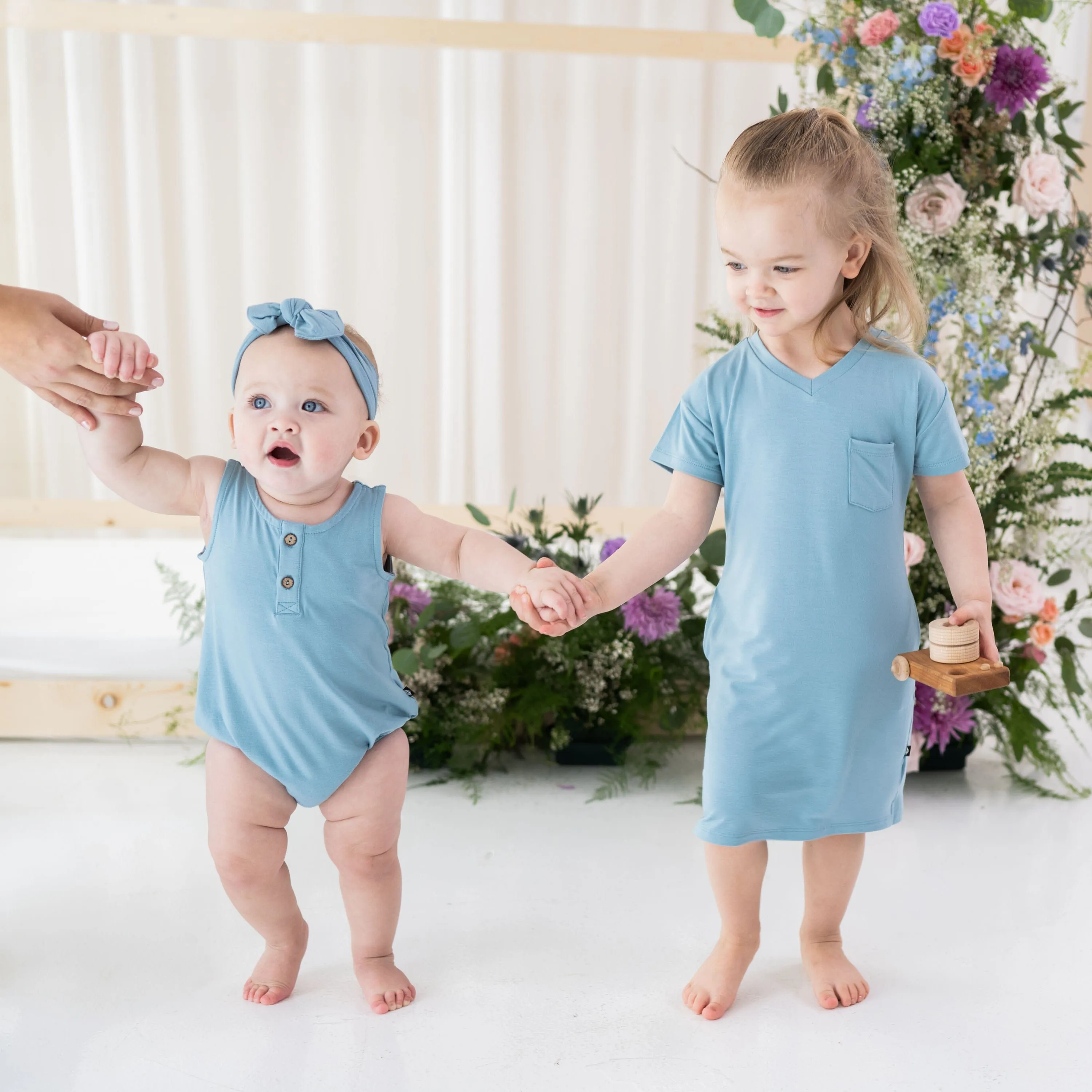 Henley Tank Bubble Romper in Dusty Blue