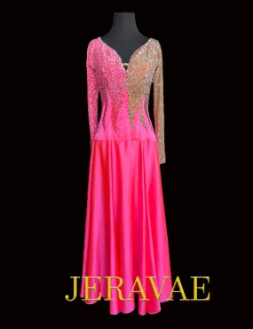 Hot Pink and Nude Long Sleeve Smooth Ballroom Dress with Semi-Open Back, Heavy Stoning on Bodice, and Soft Hem Sz S/M Smo211