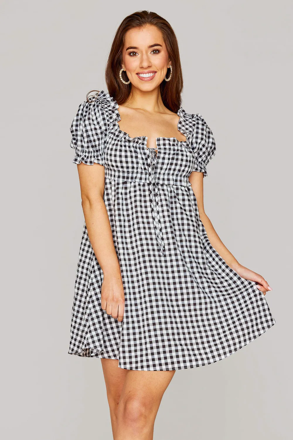 Jac Puff Sleeve Short Dress - Black Plaid