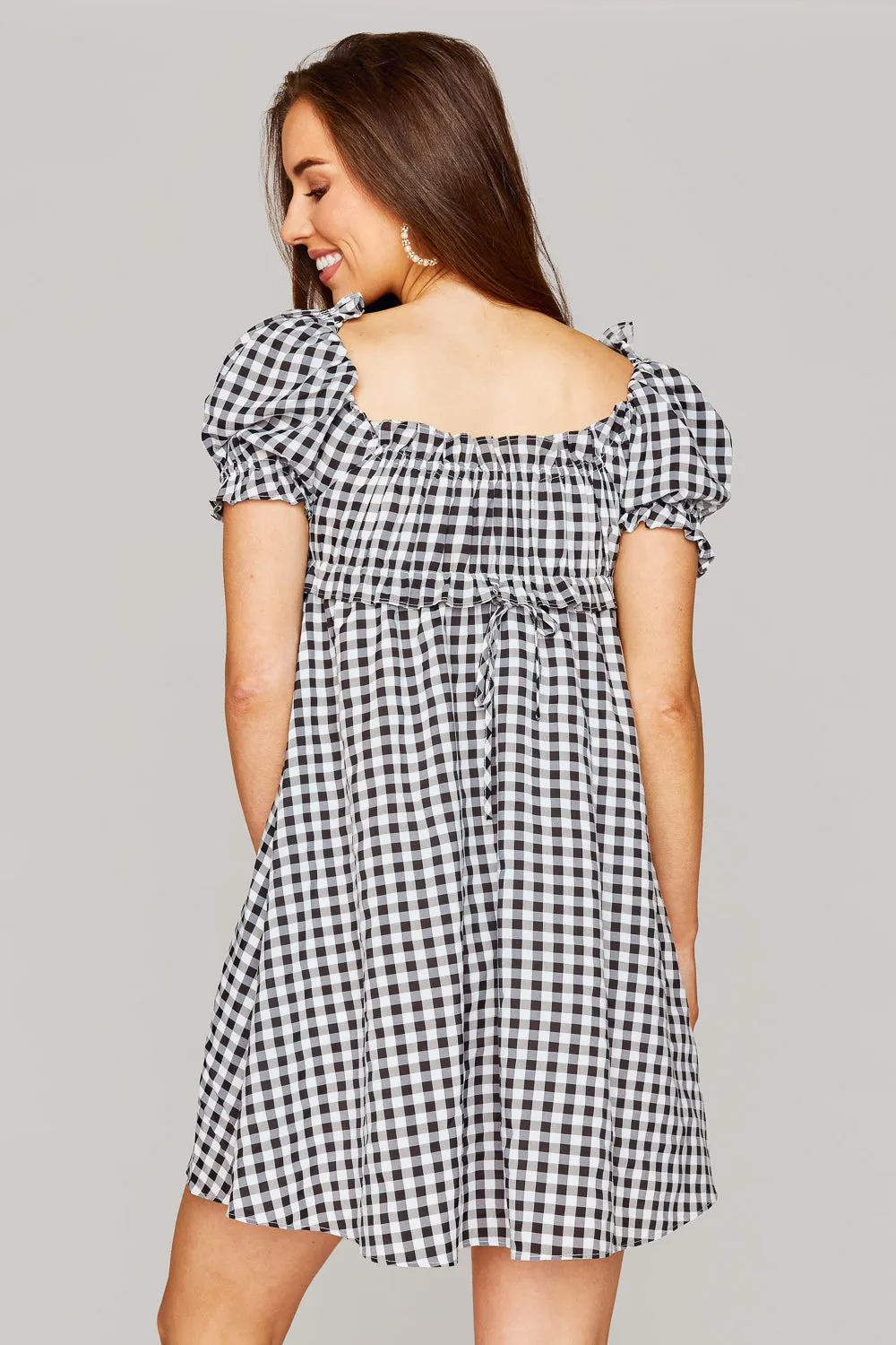 Jac Puff Sleeve Short Dress - Black Plaid