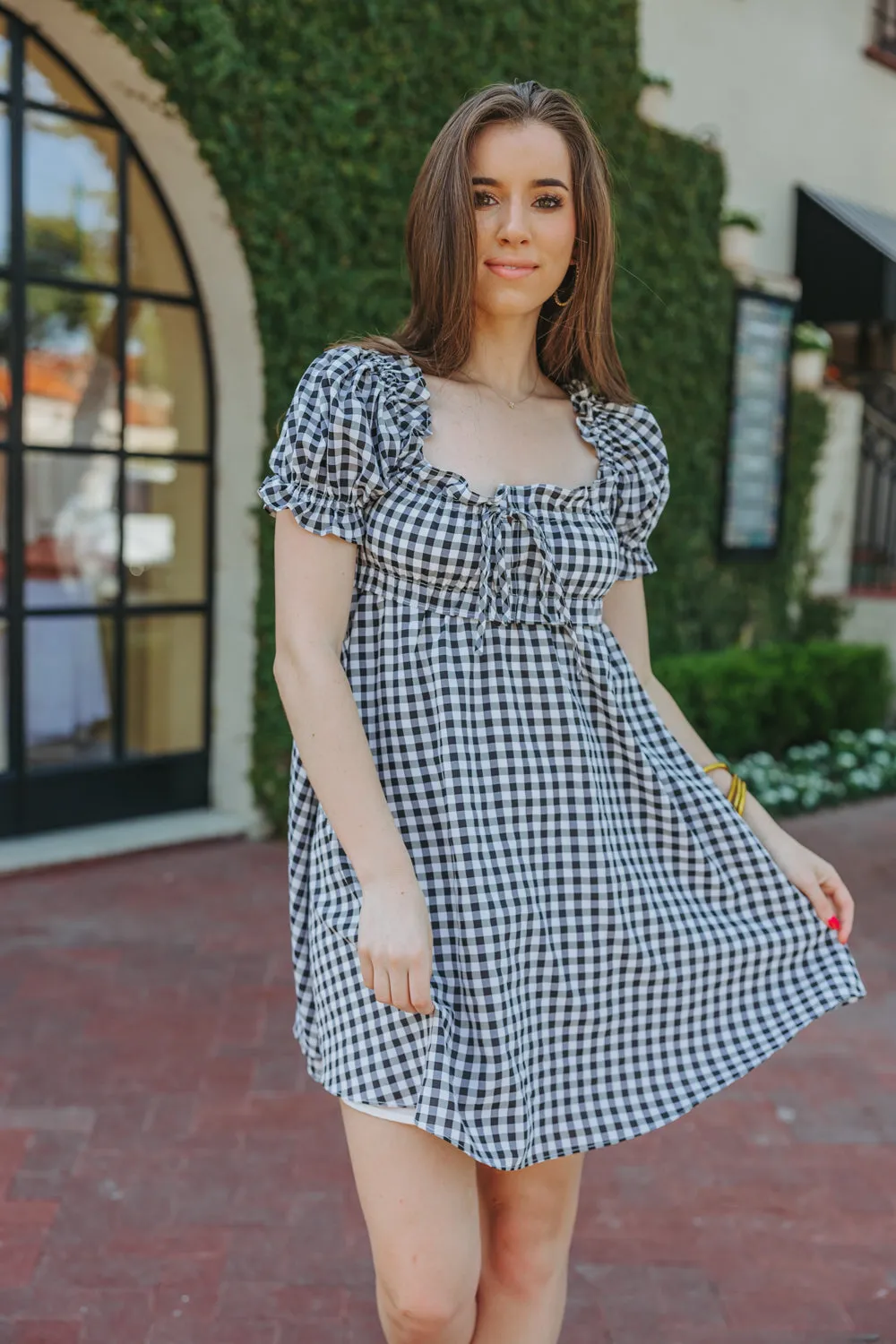 Jac Puff Sleeve Short Dress - Black Plaid