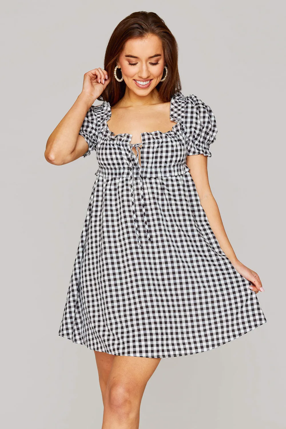 Jac Puff Sleeve Short Dress - Black Plaid