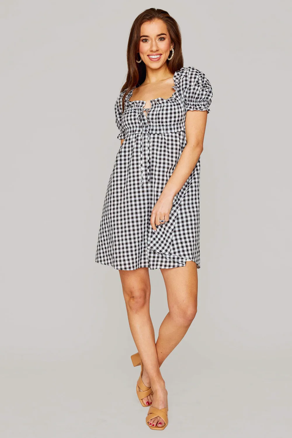 Jac Puff Sleeve Short Dress - Black Plaid