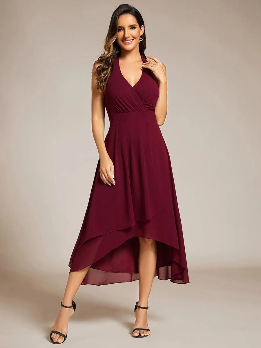 Lace-up Halterneck Backless High Low Wedding Guest Dress in Chiffon