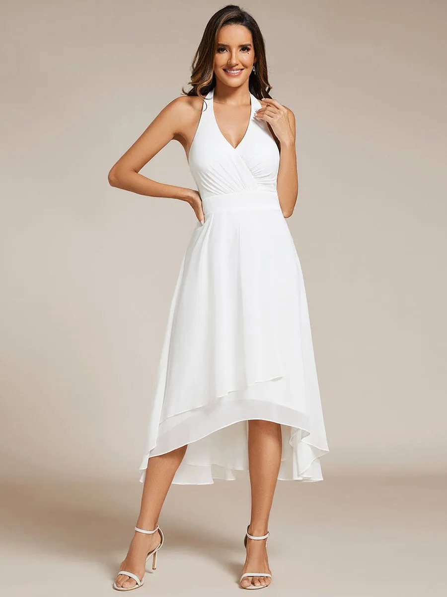 Lace-up Halterneck Backless High Low Wedding Guest Dress in Chiffon