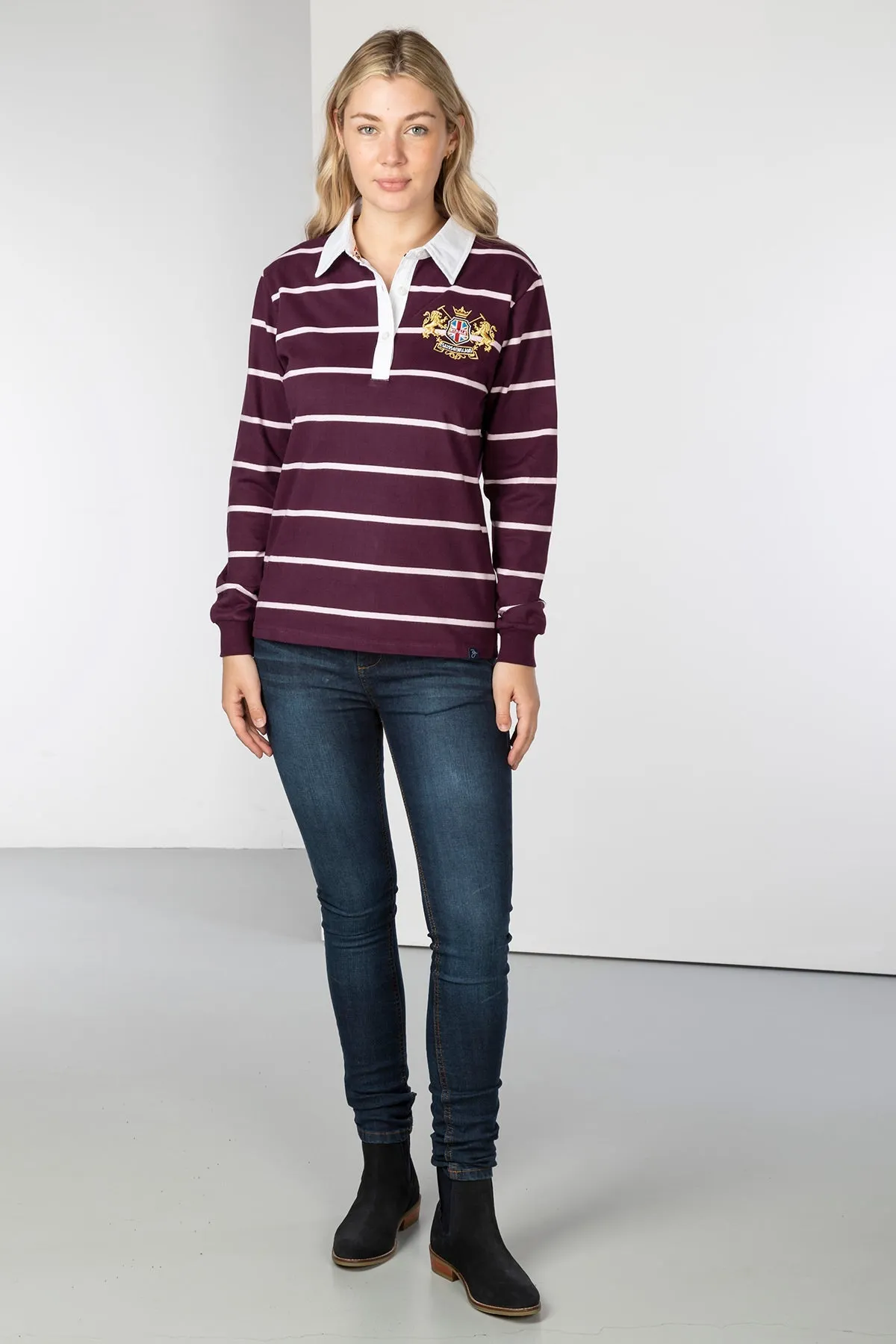 Ladies Striped Rugby Shirt - Ruby