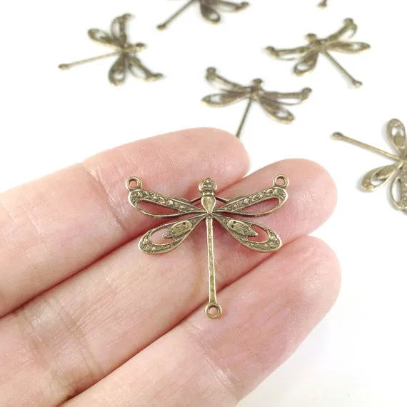 Large Antique Brass Filigree Dragonfly Pendant Connector Charm, 3 Loops, Lot Size 10, #10B