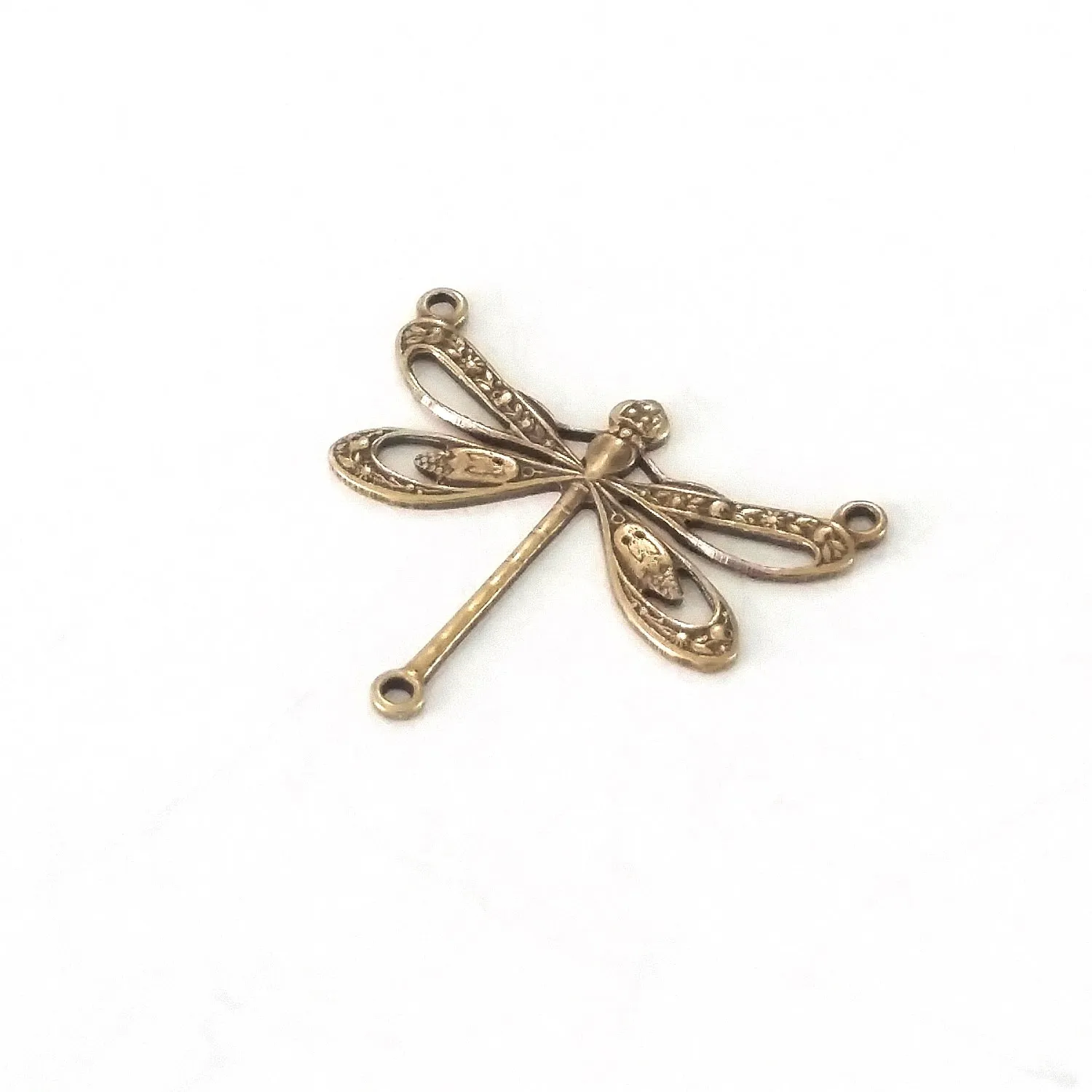 Large Antique Brass Filigree Dragonfly Pendant Connector Charm, 3 Loops, Lot Size 10, #10B