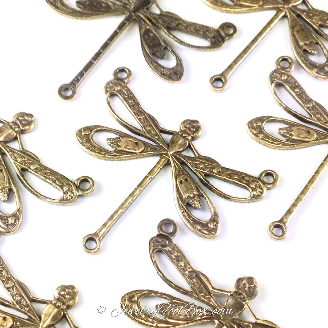 Large Antique Brass Filigree Dragonfly Pendant Connector Charm, 3 Loops, Lot Size 10, #10B