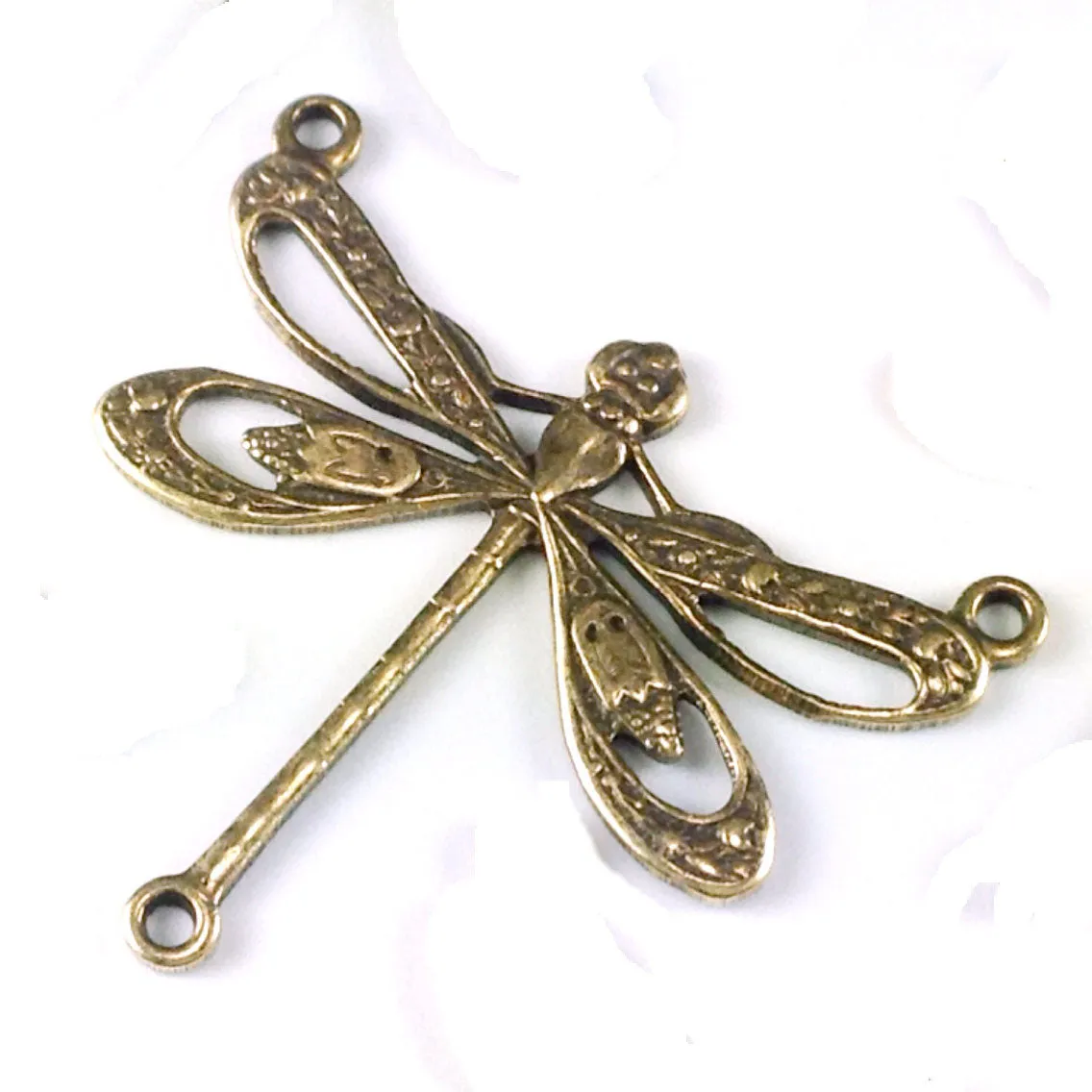 Large Antique Brass Filigree Dragonfly Pendant Connector Charm, 3 Loops, Lot Size 10, #10B