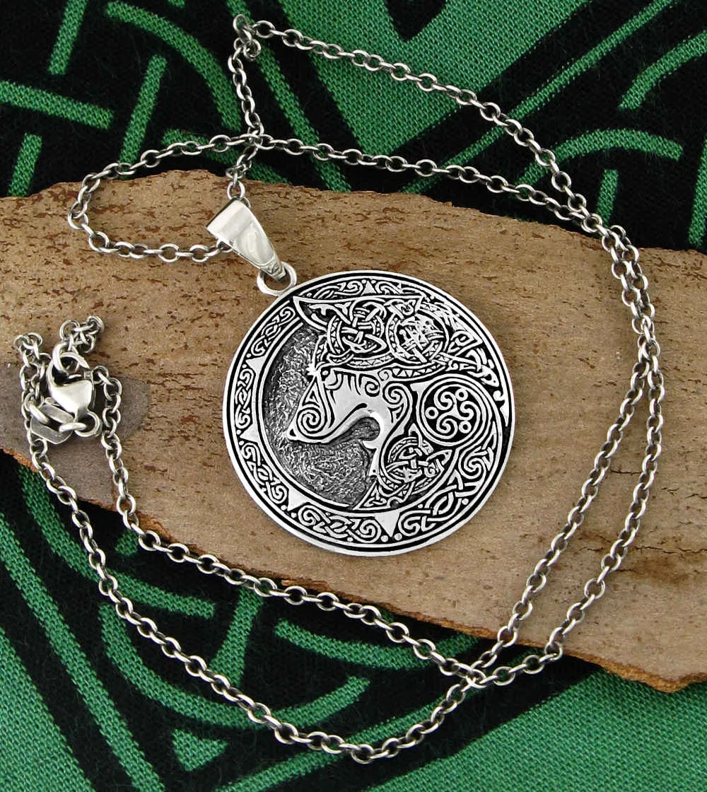 Large Round Celtic Wolf Medallion Pendant