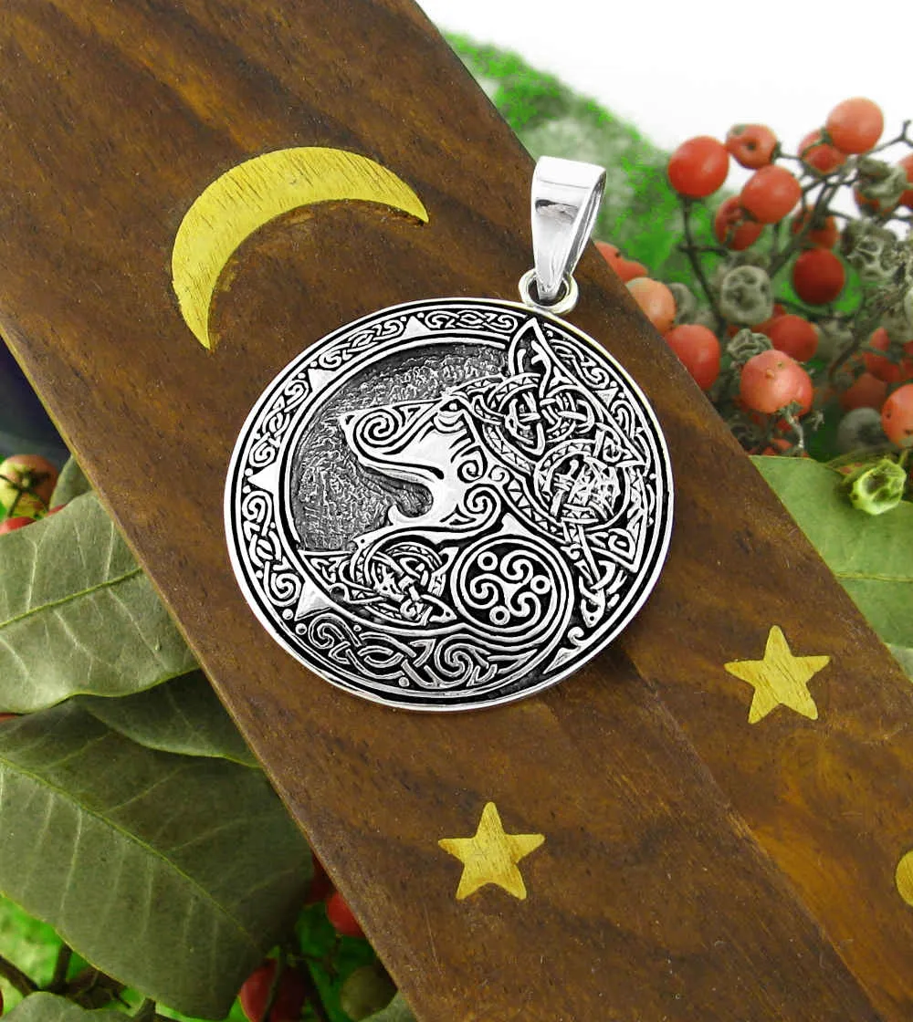 Large Round Celtic Wolf Medallion Pendant