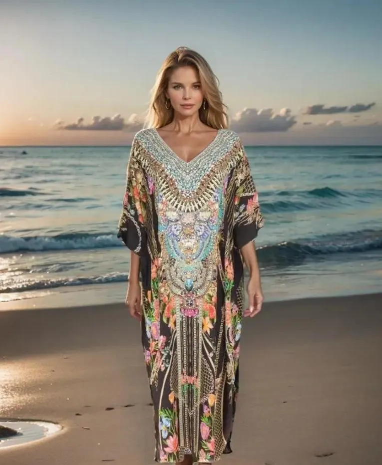 Long Box Embellished Silk Kaftan - Capri