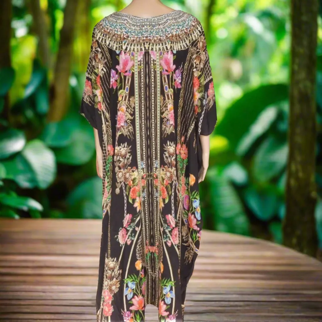 Long Box Embellished Silk Kaftan - Capri