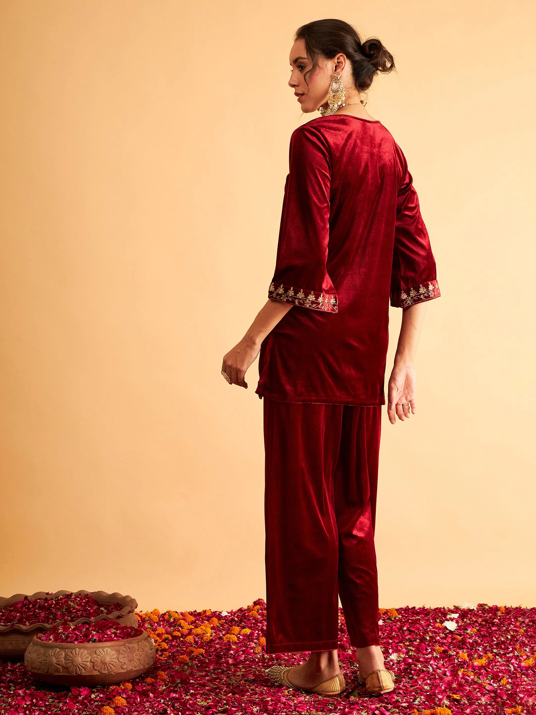 Maroon Velvet Zari Embroidered Short Kurta