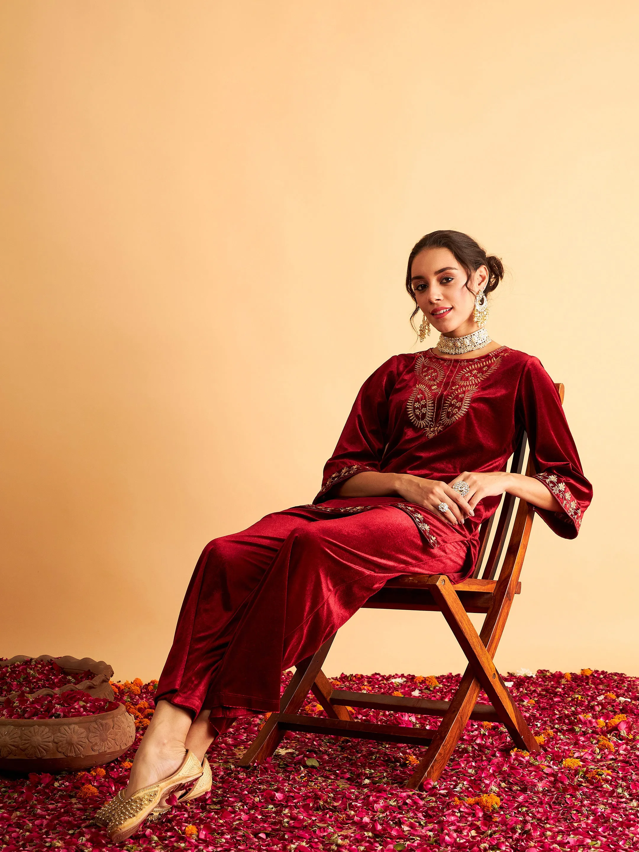 Maroon Velvet Zari Embroidered Short Kurta