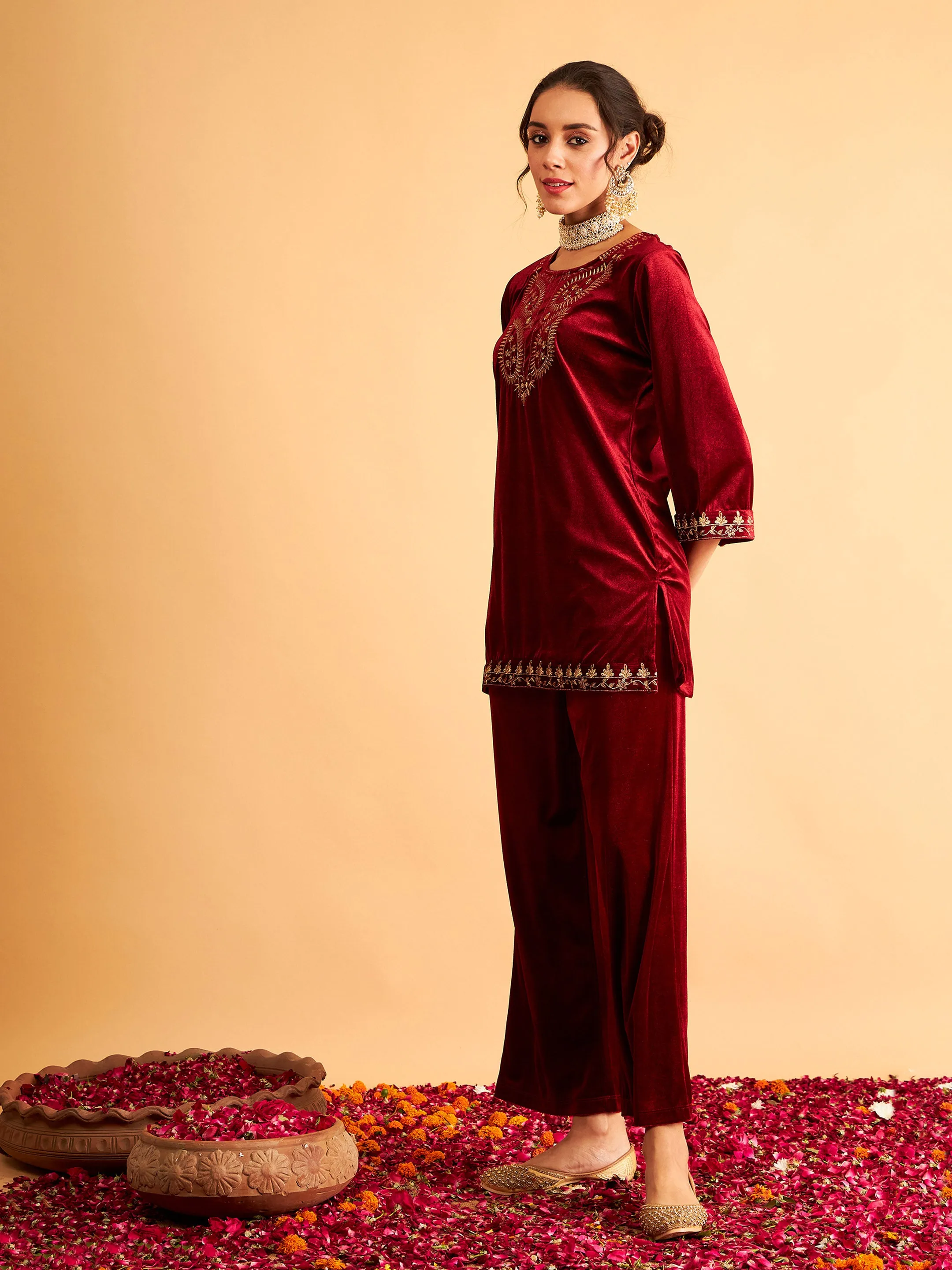 Maroon Velvet Zari Embroidered Short Kurta