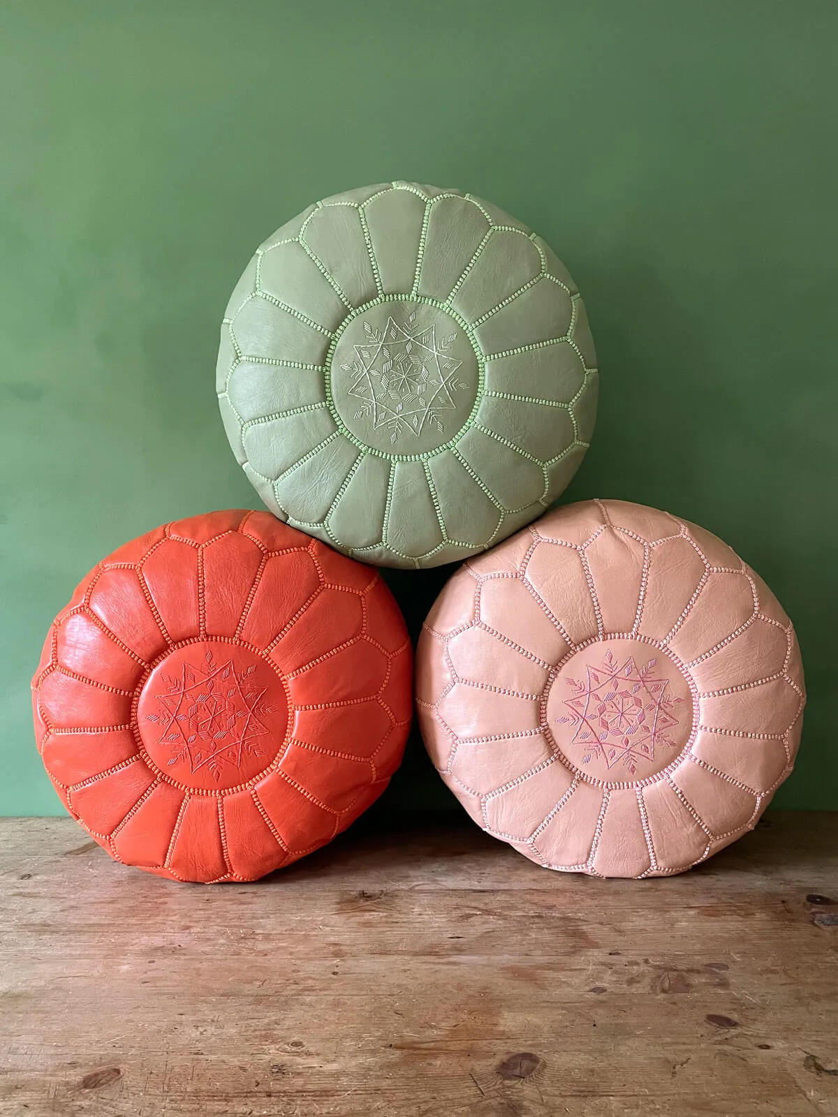 Moroccan Leather Pouffe, Sage