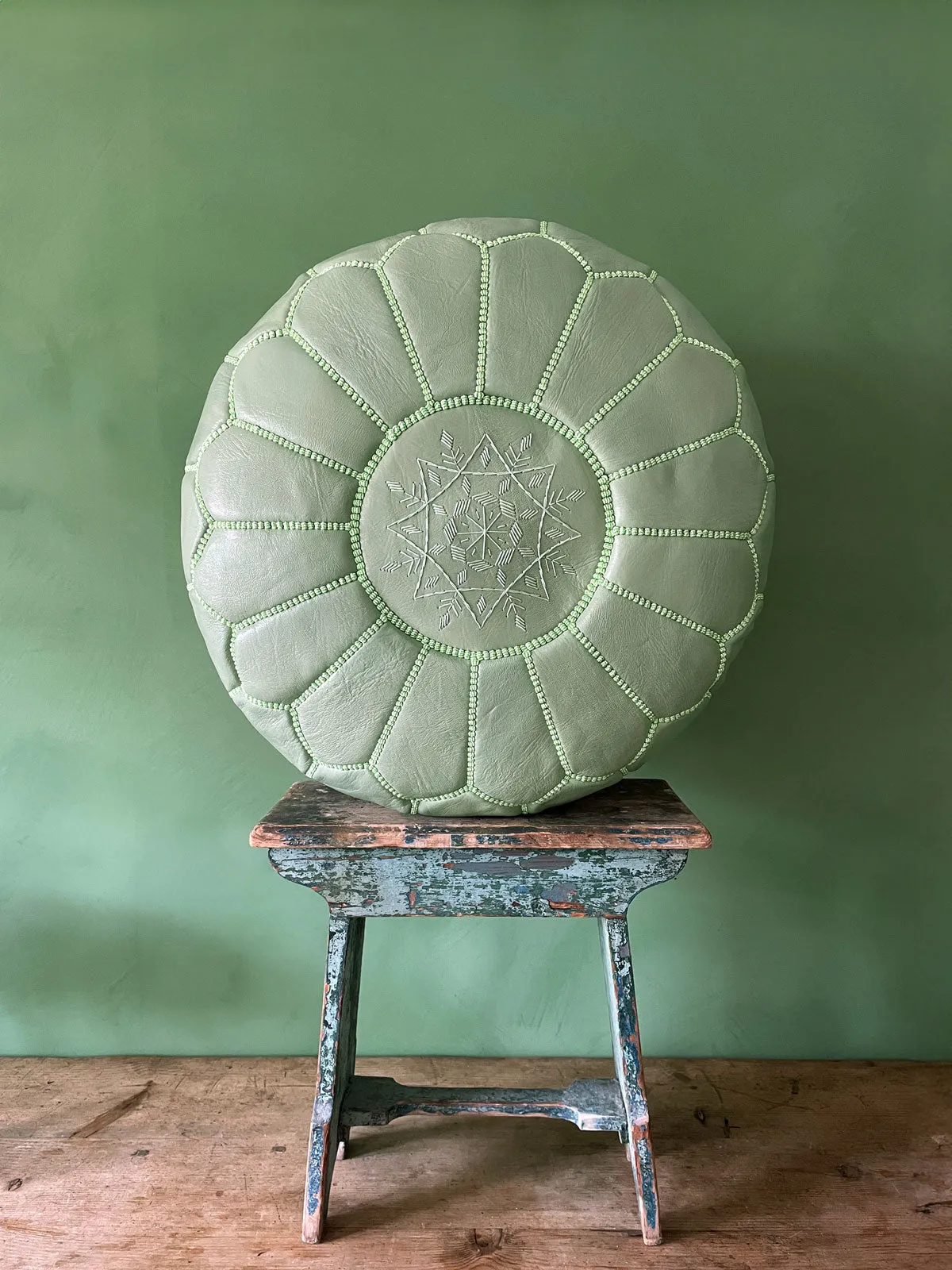 Moroccan Leather Pouffe, Sage