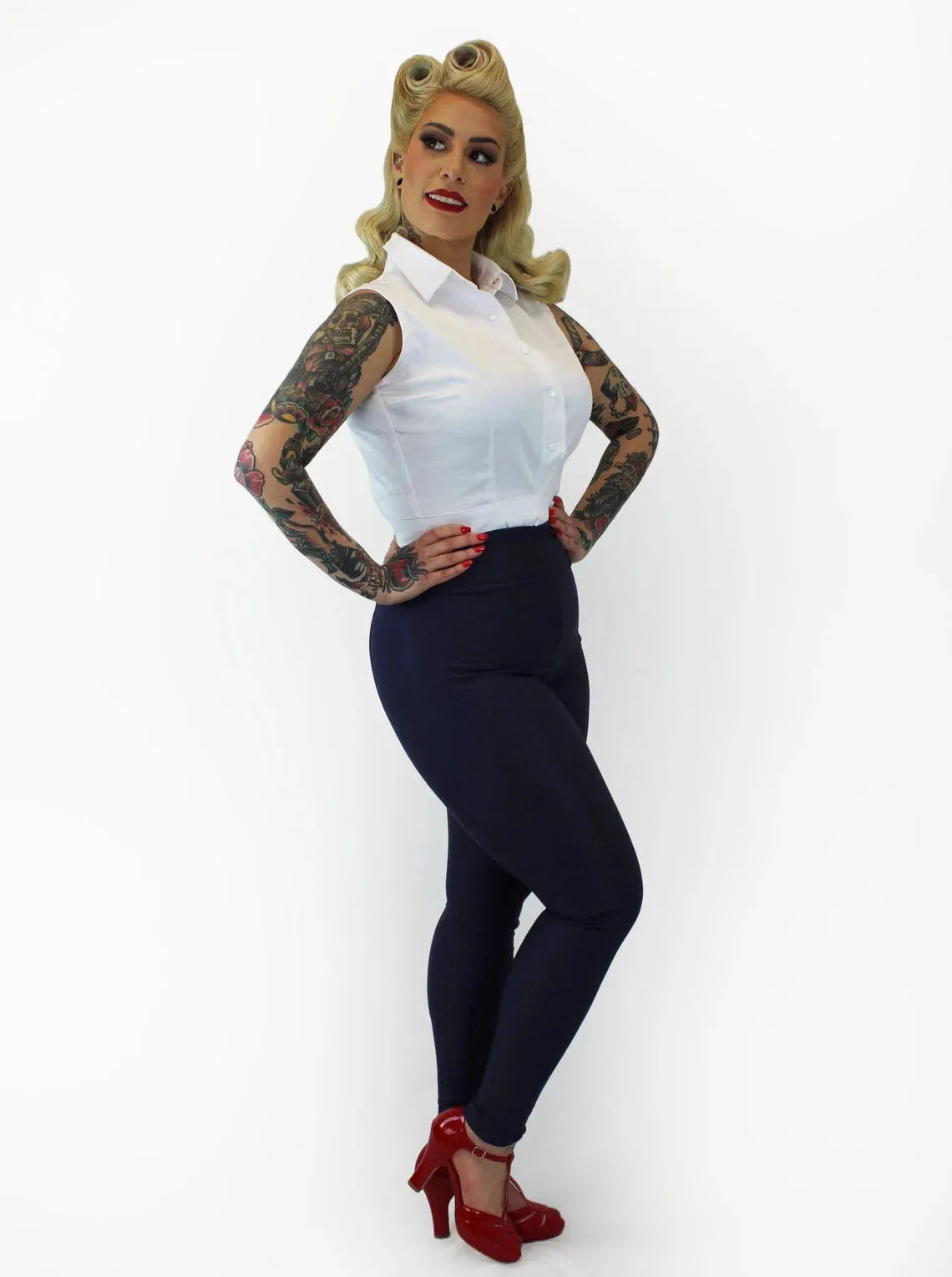 Navy Pin Up High Waist Cigarette Pants #NCP