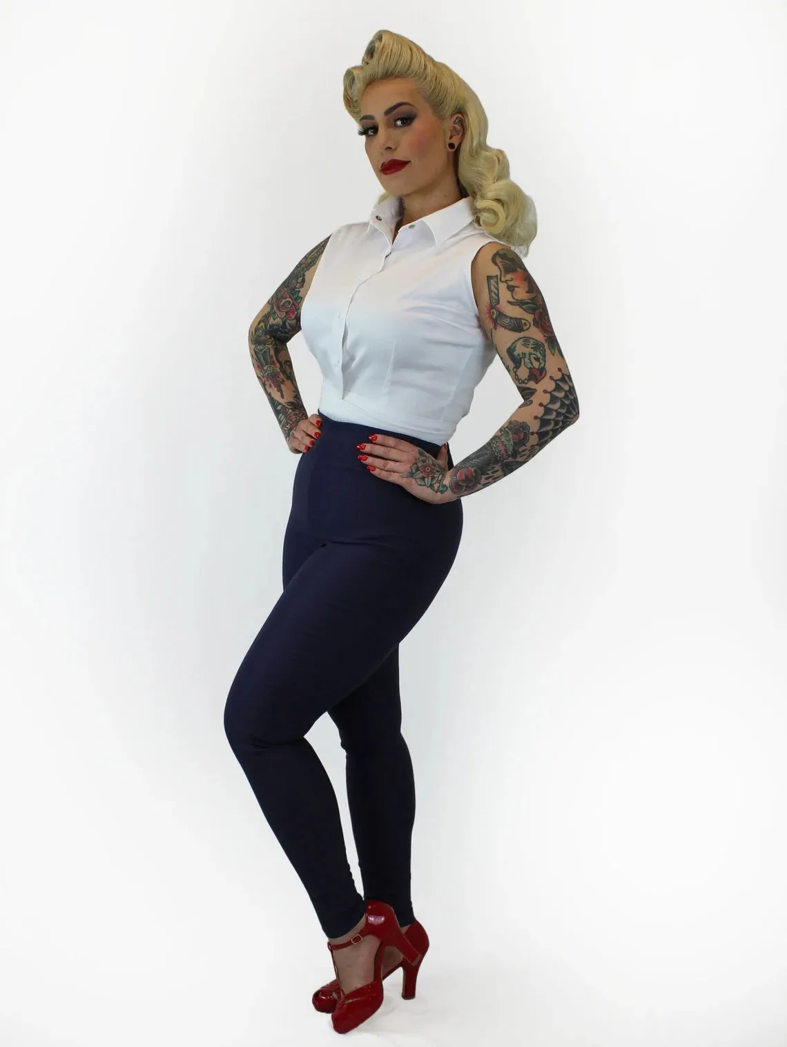 Navy Pin Up High Waist Cigarette Pants #NCP