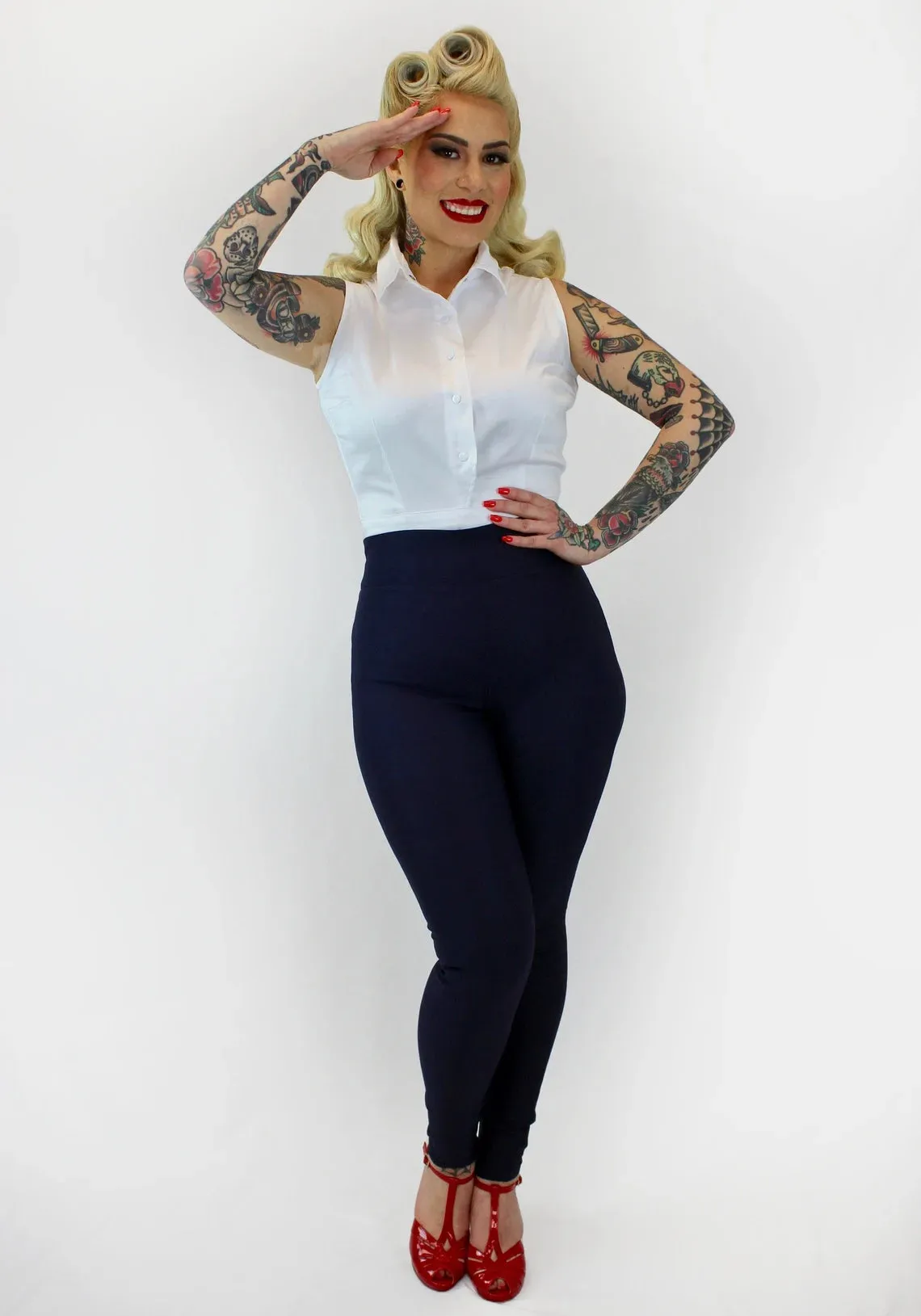 Navy Pin Up High Waist Cigarette Pants #NCP