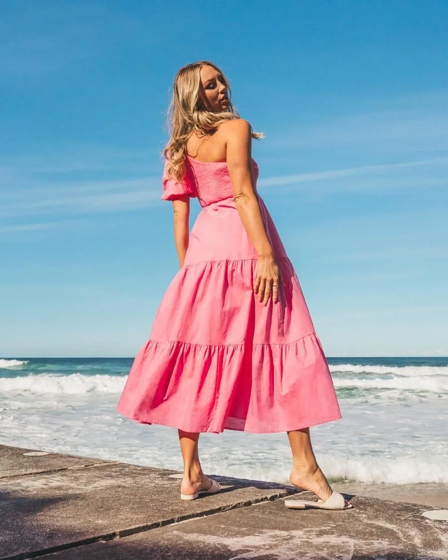 One Shoulder Peasant Midi Dress Pink