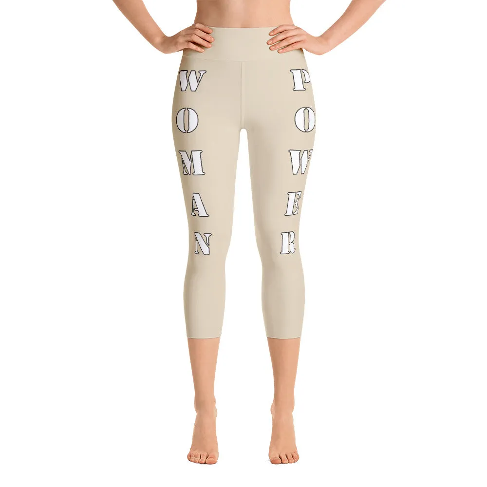 Our best viral yoga capri leggings with woman power - Beige Color with White Letters