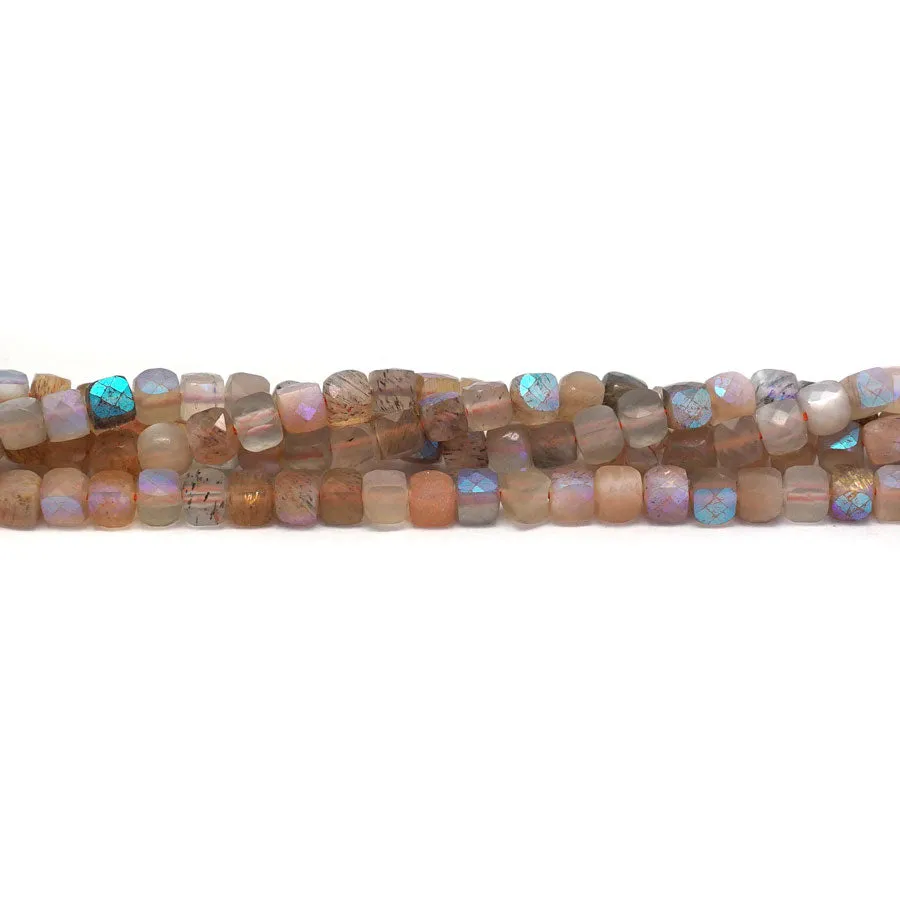 Peach Moonstone Natural 4-4.5mm Faceted Rainbow Plated Cube - 15-16 Inch