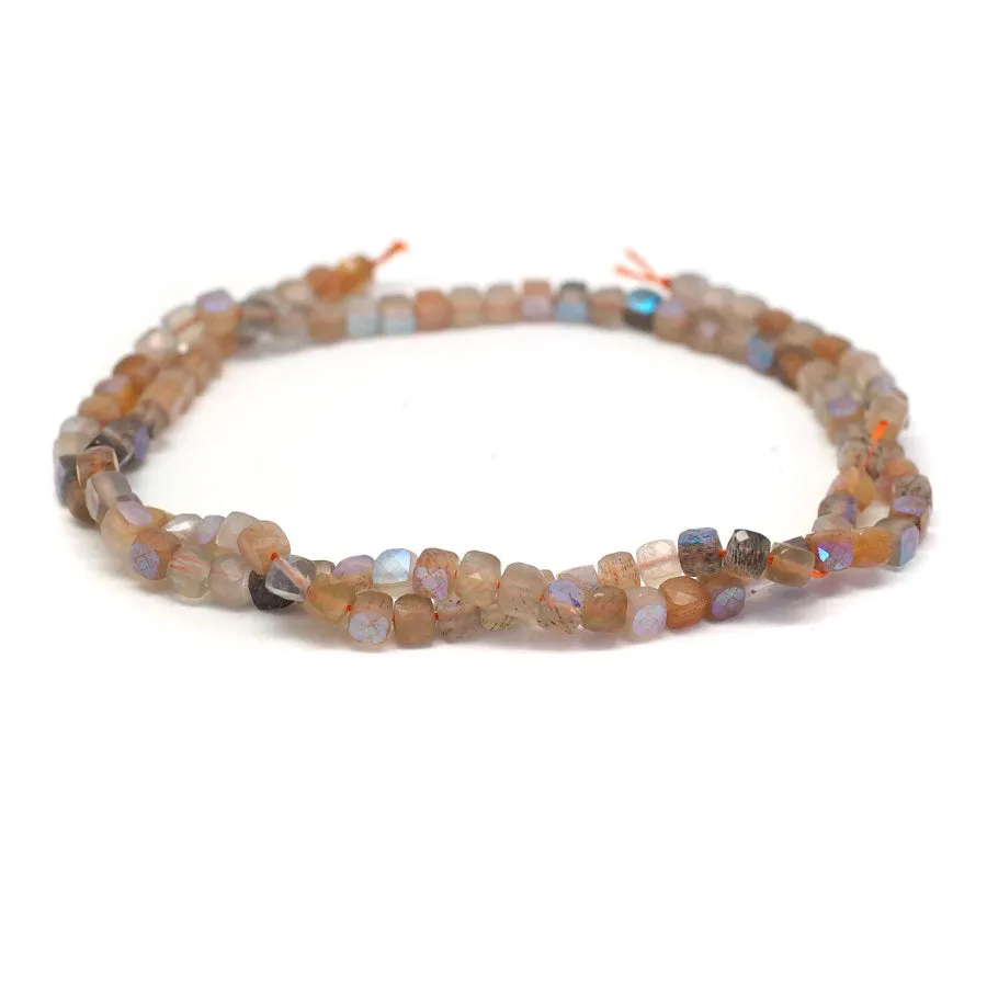 Peach Moonstone Natural 4-4.5mm Faceted Rainbow Plated Cube - 15-16 Inch