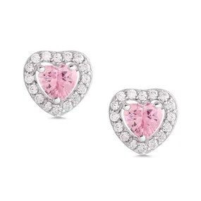 Pink & White CZ Heart Halo Stud Earrings in Sterling Silver