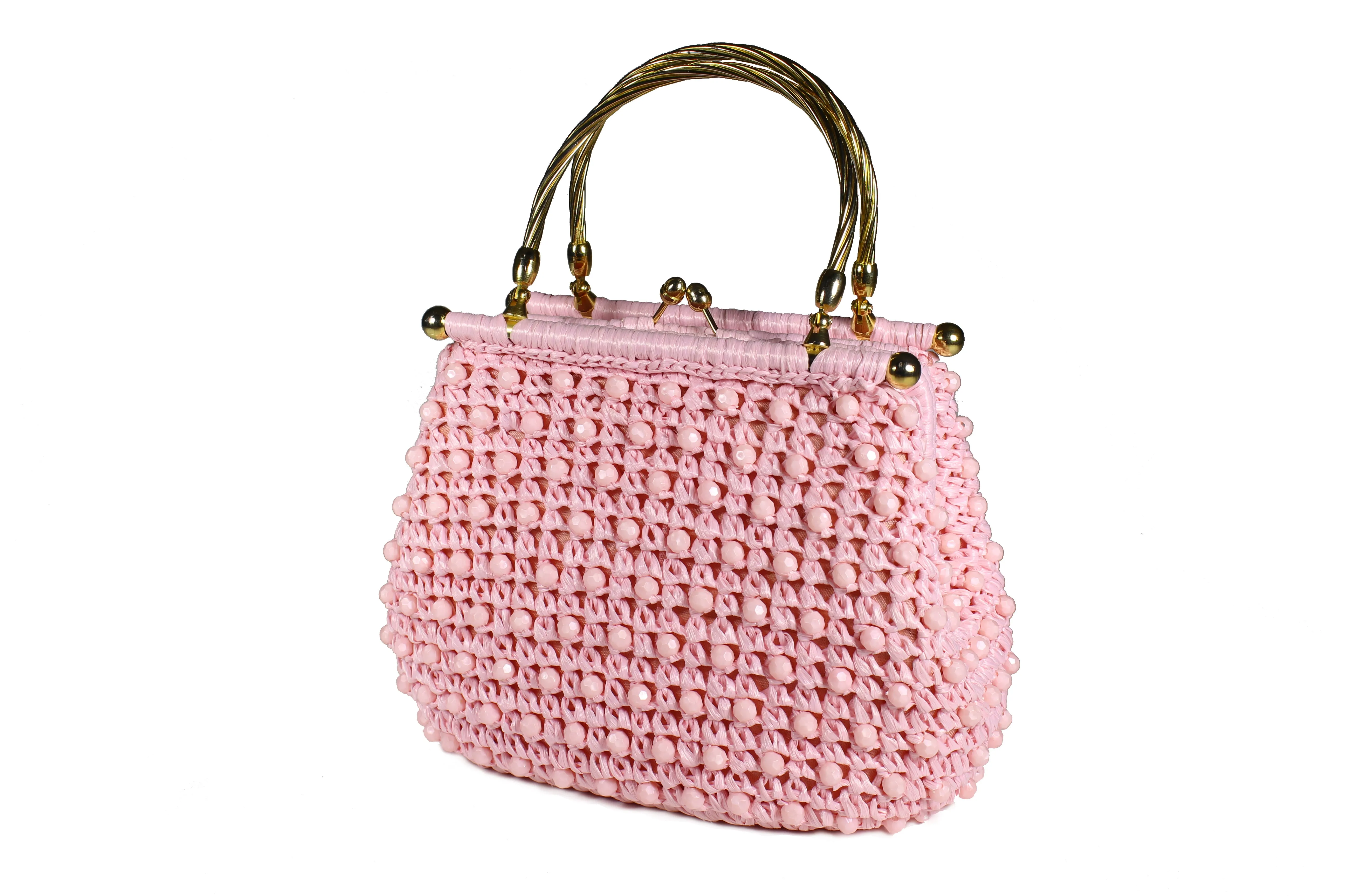 Pink raffia and beads handbag