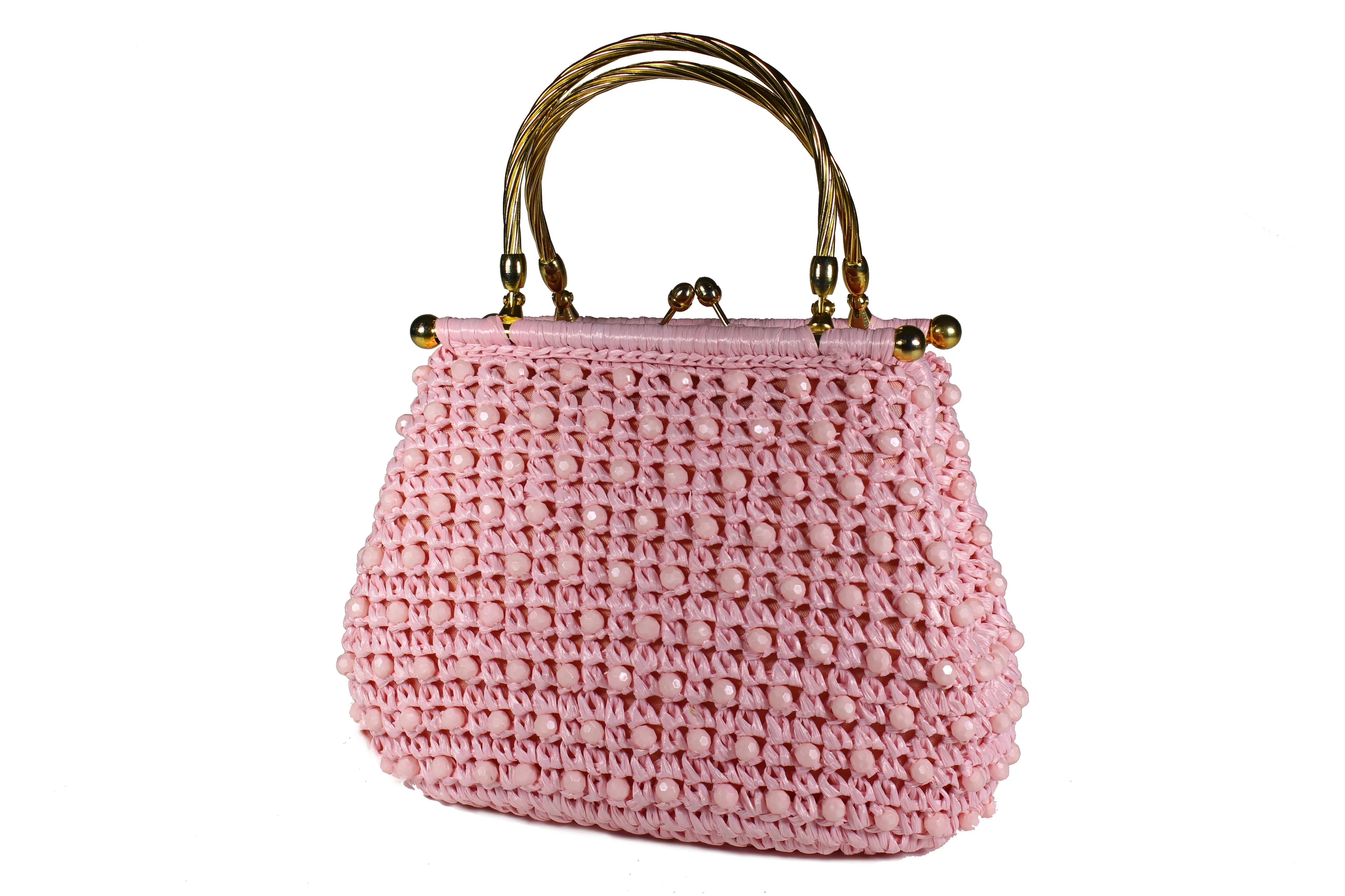 Pink raffia and beads handbag