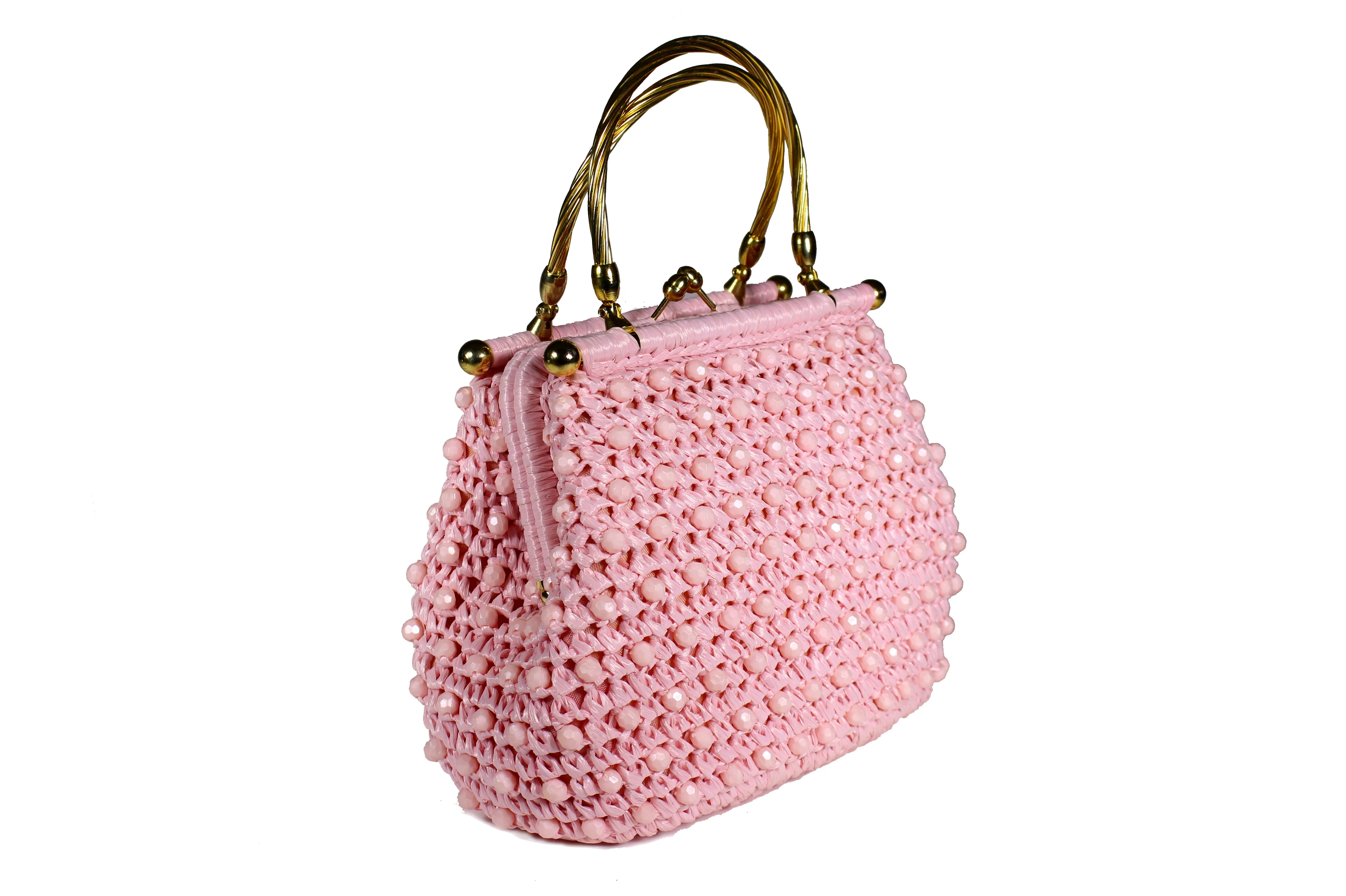 Pink raffia and beads handbag