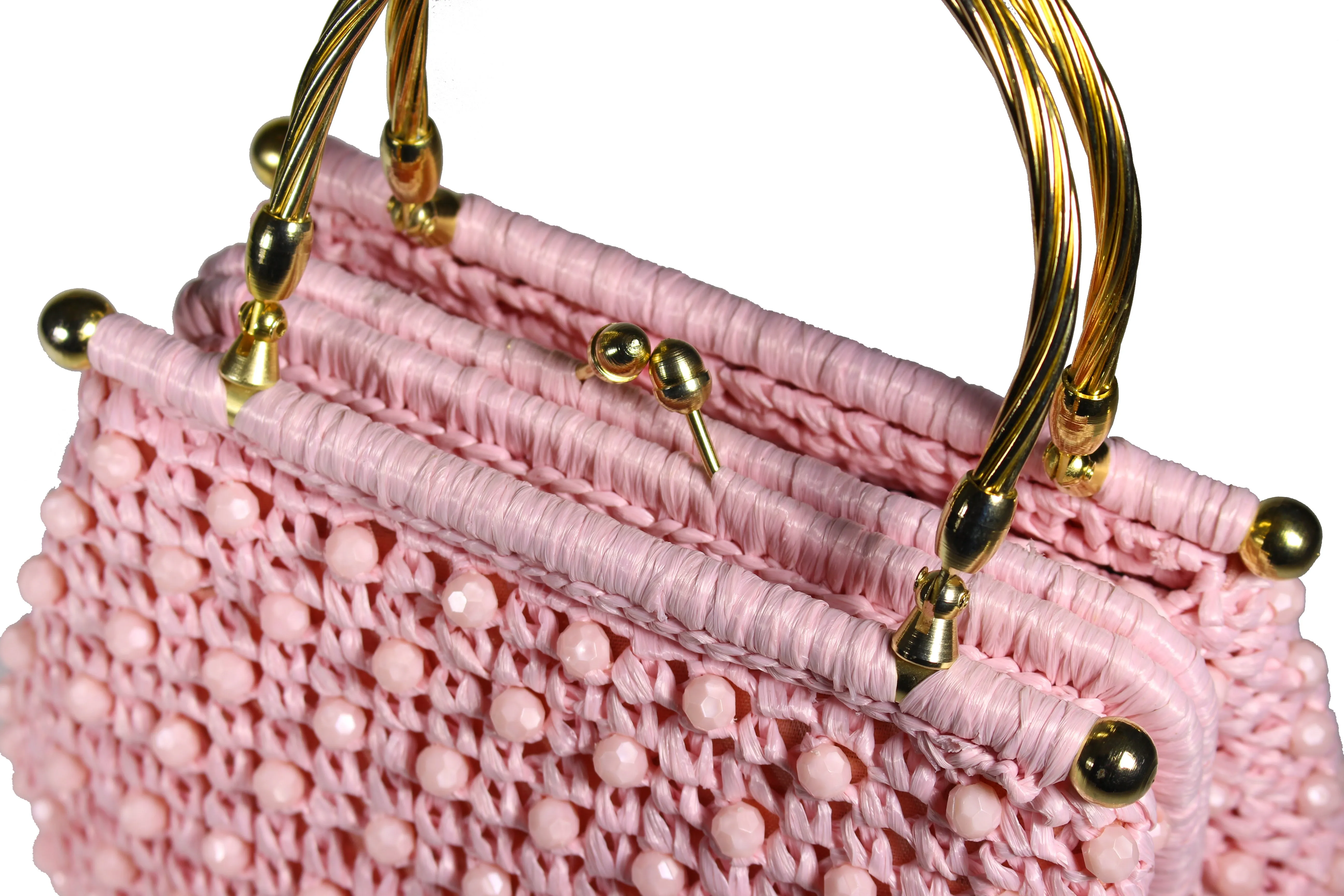 Pink raffia and beads handbag