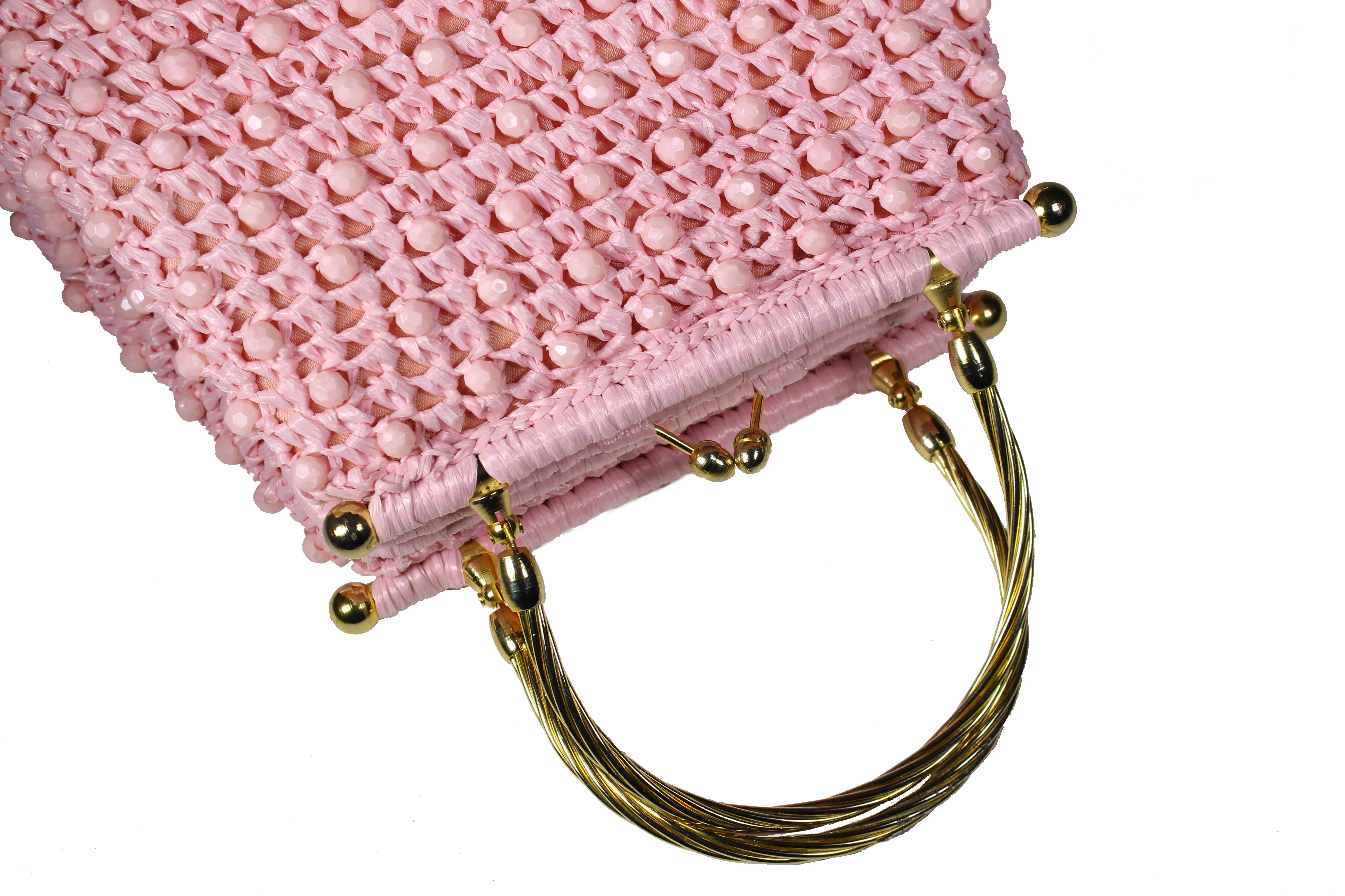 Pink raffia and beads handbag