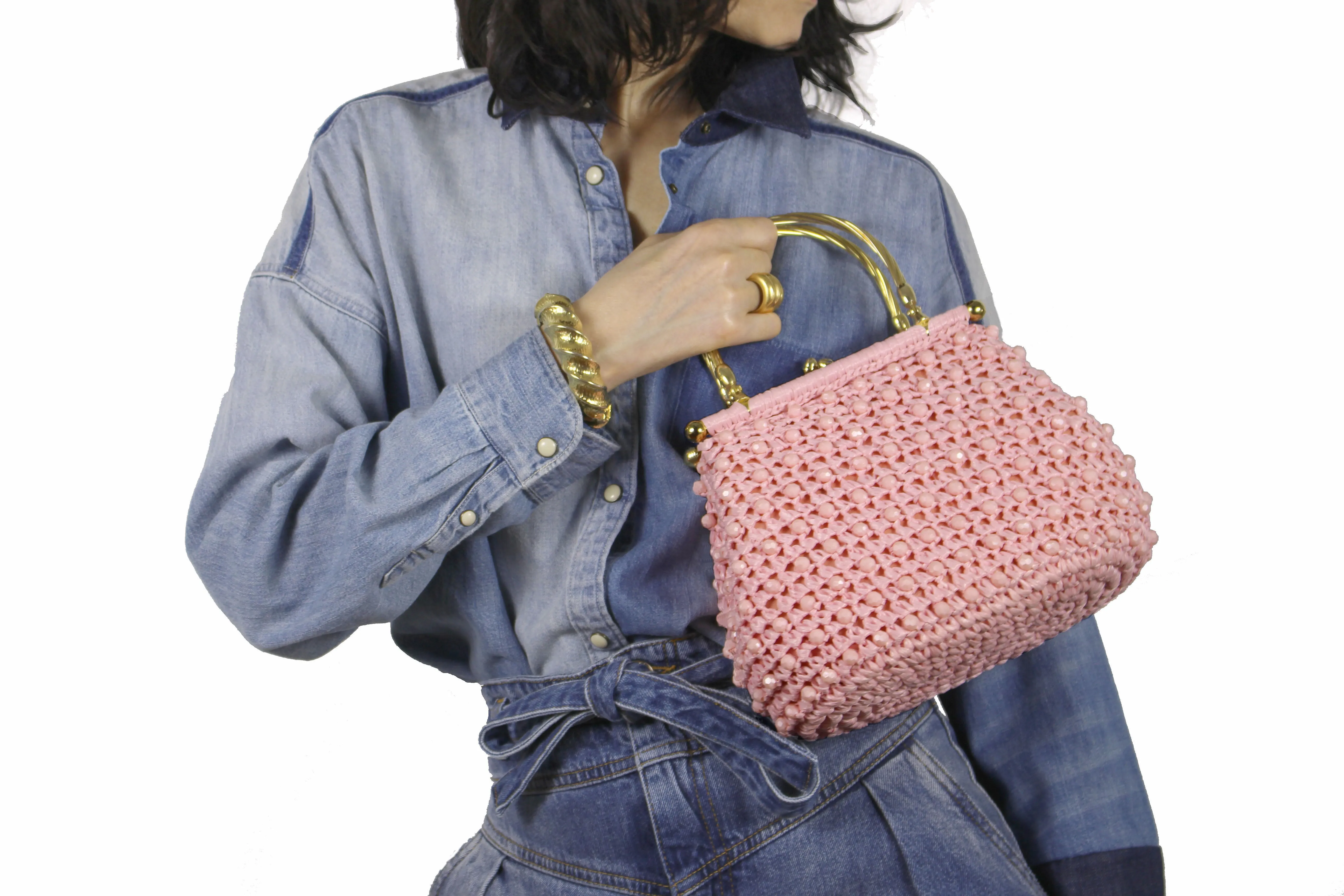 Pink raffia and beads handbag