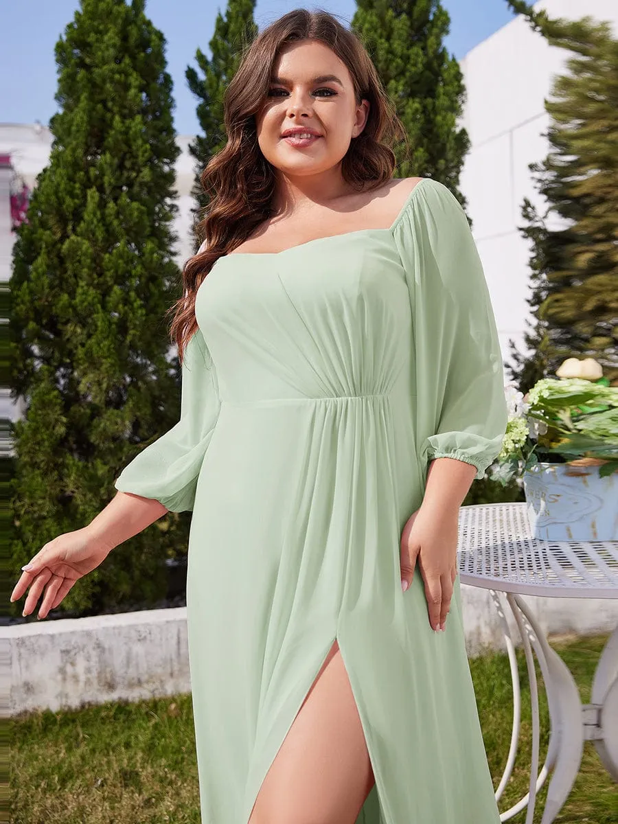 Plus Size High-Slit Waist Pleated Bridesmaid Dress with Long Sleeves